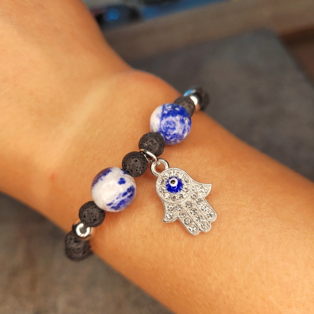 Agate Fatima Evil Eye Handmade Lava Bead Bracelet